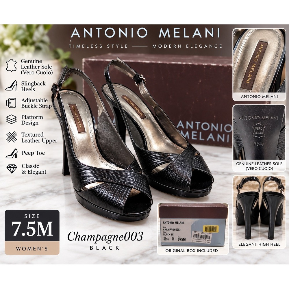 Antonio Melani Champagne003 Black Textured Leather Slingback Peep Toe Heels 7.5M